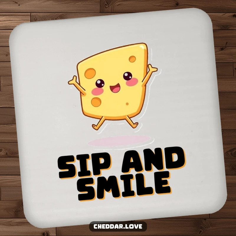 Funny drink coaster featuring a cartoon wedge of cheese doing a cartwheel, a humorous addition to any table.