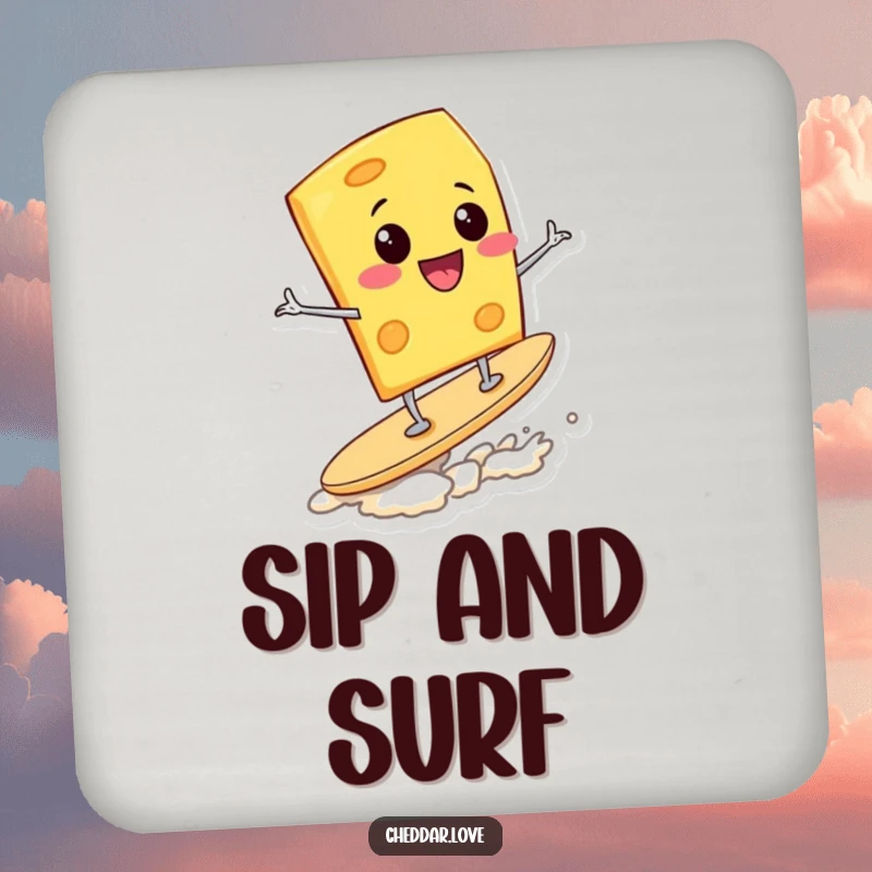 Funny Coasters: A cheese wedge excitedly surfs on a potato chip, adding a humorous and protective touch to tabletops.