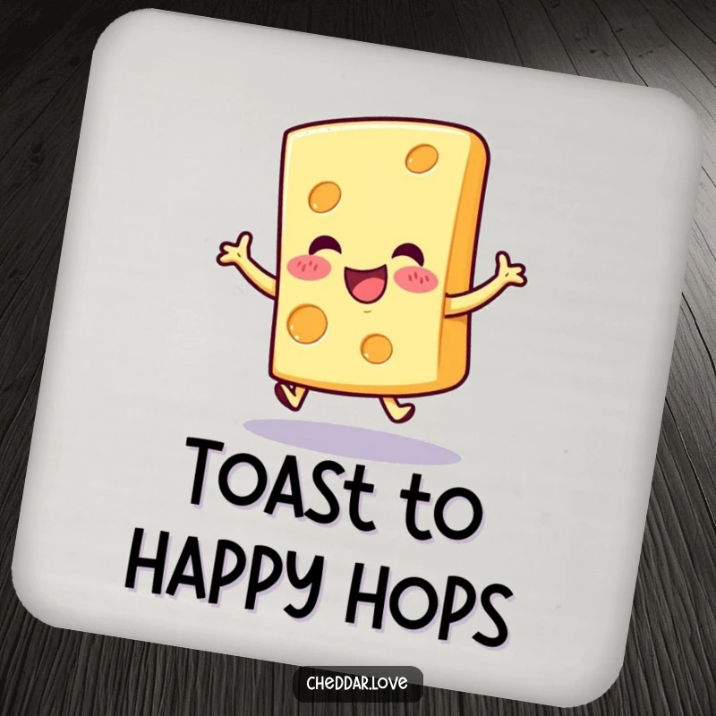 Funny cheerful cheese slice coaster, in a happy hop, ready to protect surfaces with cheesy enthusiasm.