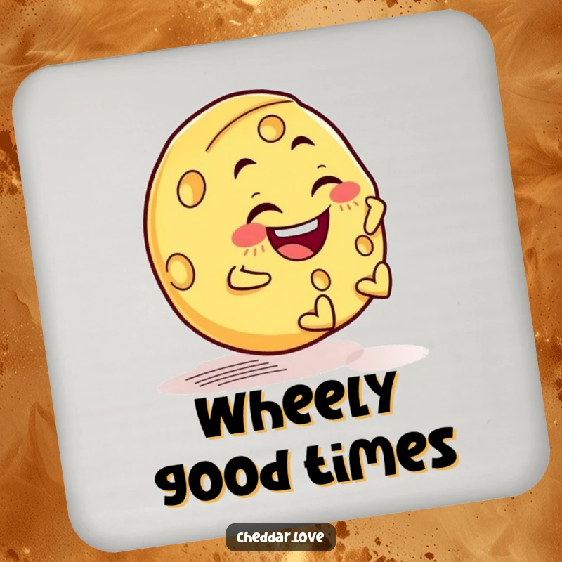 Funny drink coaster showing a cheese wheel rolling downhill with a mischievous grin, adding fun to any surface.