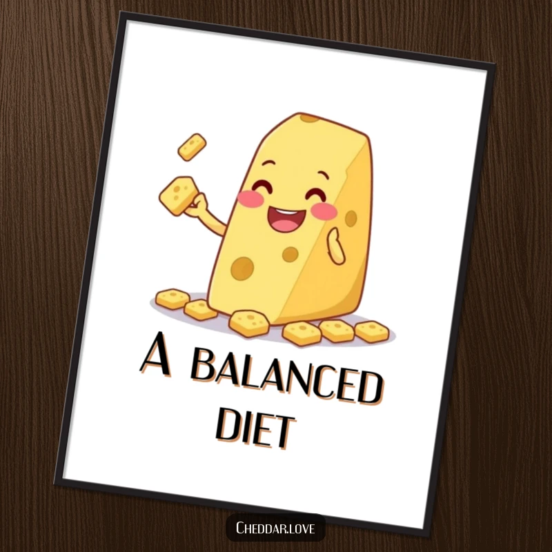 Funny grinning cheese wedge juggling tiny crackers, as a poster, bringing playful art and cheerful humor to any room.