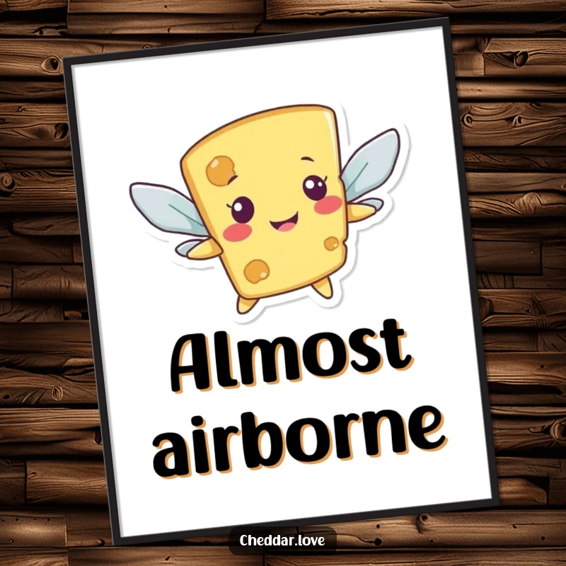 Funny poster of a smiling cheese character attempting flight with cracker wings, a whimsical and humorous artwork.