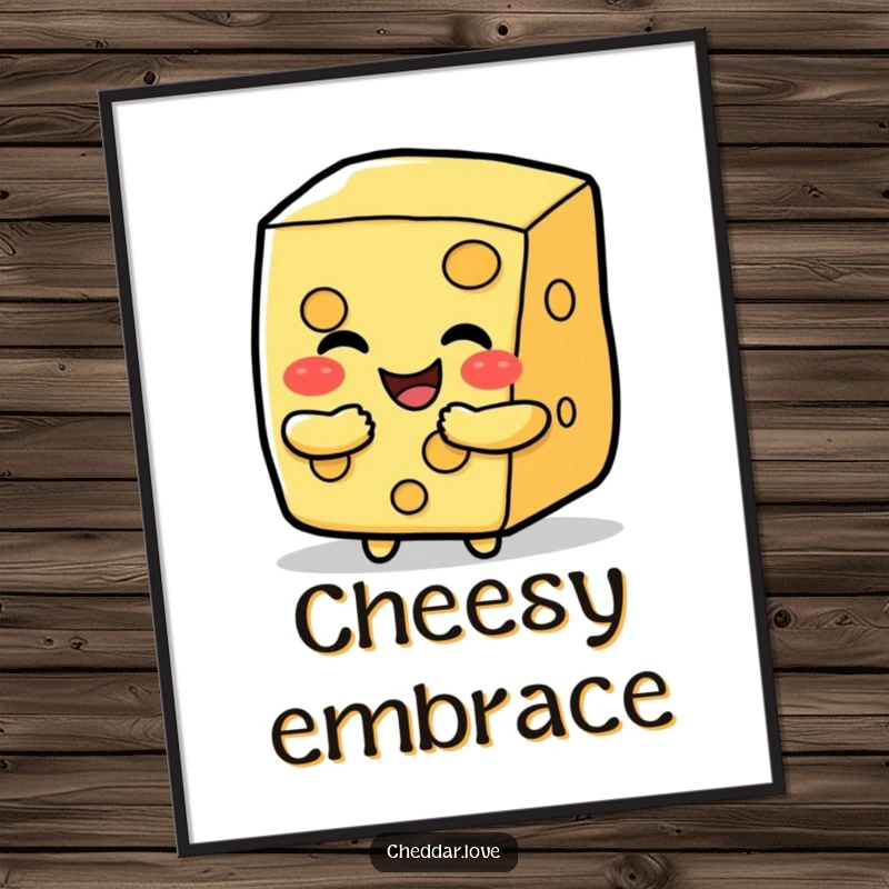 Funny happy cheese slice character offering a cheesy hug, a humorous and charming poster.
