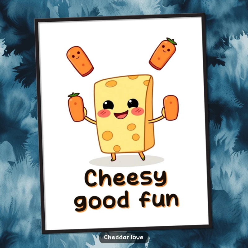 Funny Poster: A grinning cheese slice gleefully juggles small pepperoni pieces, bringing food-themed humor to decor.
