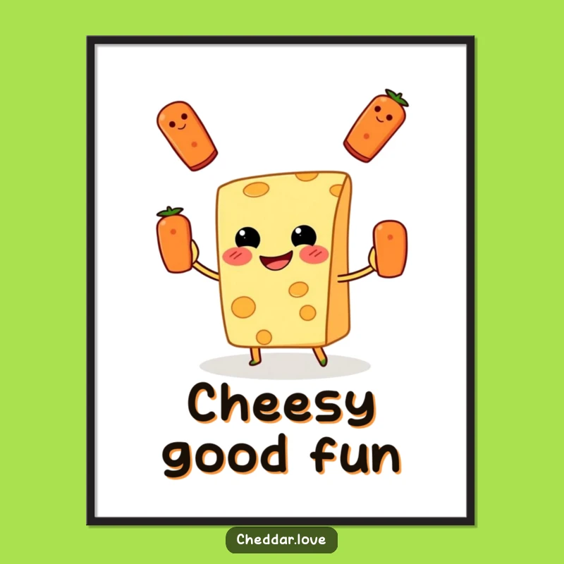 Funny Cheese Juggling Pizza Poster: Whimsical Wall Art for Food Lovers