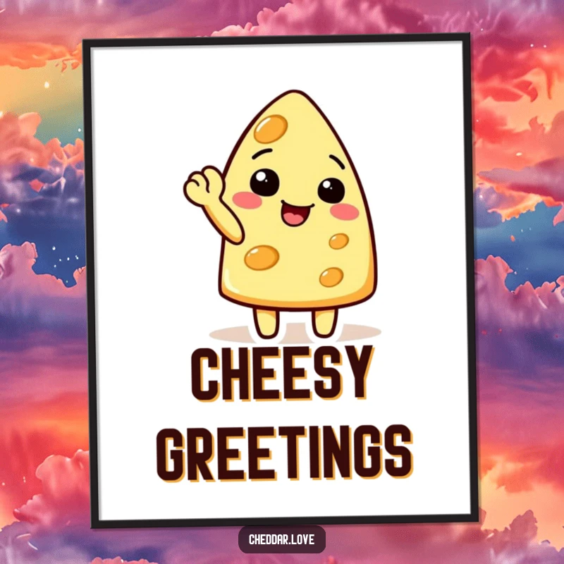 Funny cheese character doing a cheerful wave with a raised corner, on a humorous cheese poster for wall decor.