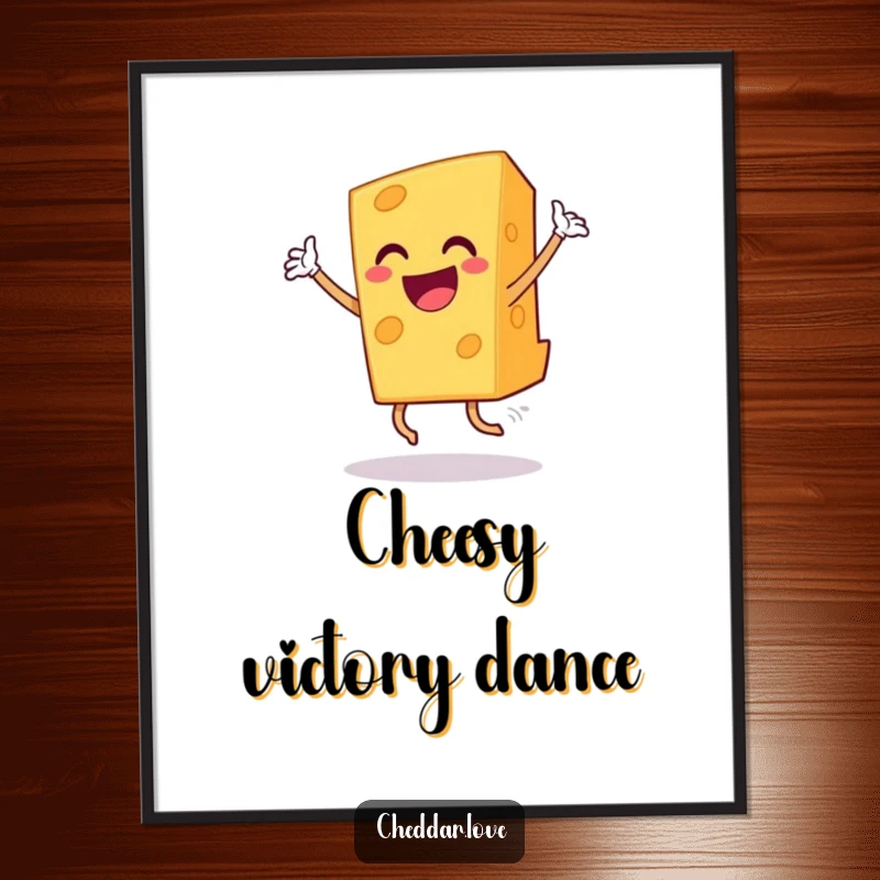 Funny grinning cheddar cheese slice dancing triumphantly, a humorous and vibrant poster.
