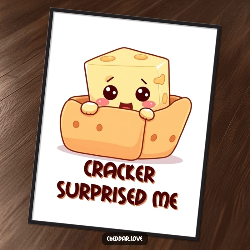 Funny poster of a curious cheese cube peeking from behind a giant cracker, with wide eyes showing comical surprise and snack anticipation.