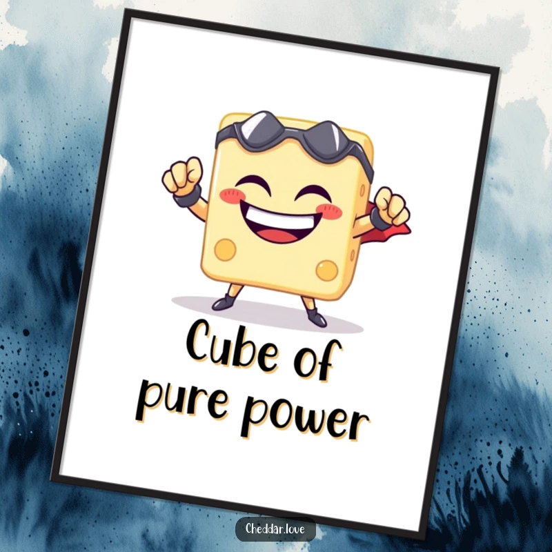 Funny cheese cube superhero poster, striking a dynamic pose with a triumphant grin, inspiring cheesy heroism on your wall.