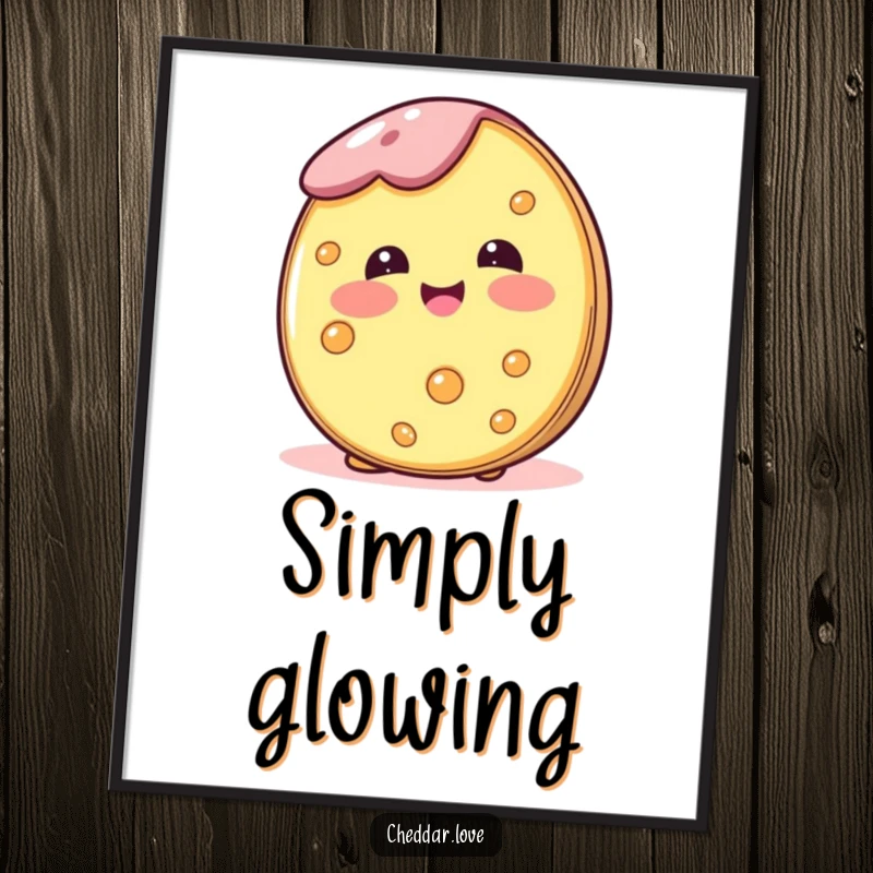Funny poster art of a cheese wheel blushing happily, symbolizing pure joy and sweet, wholesome happiness.