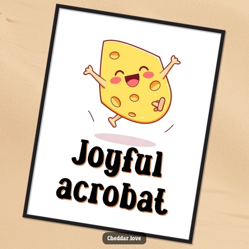 Funny Cheddar Cheese Poster, a piece performing a cartwheel with unrestrained joy, bringing dynamic energy.