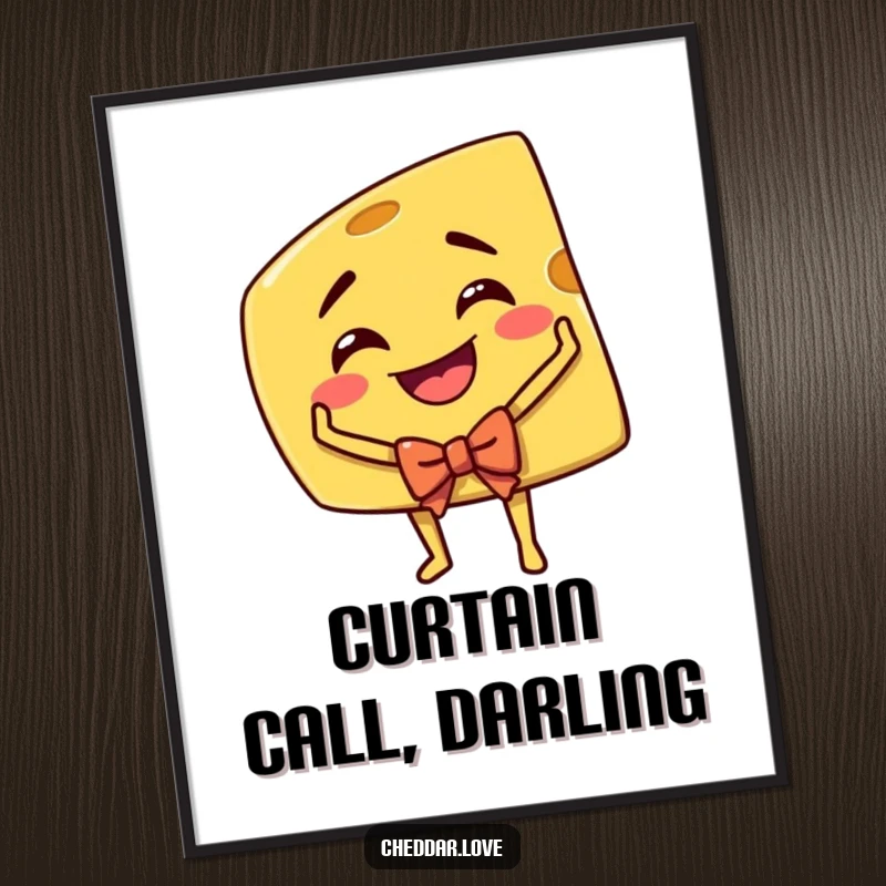 Funny Cheddar Cheese Poster: A grinning wedge of cheddar cheese performing a grand theatrical bow, bringing stage presence to your wall.