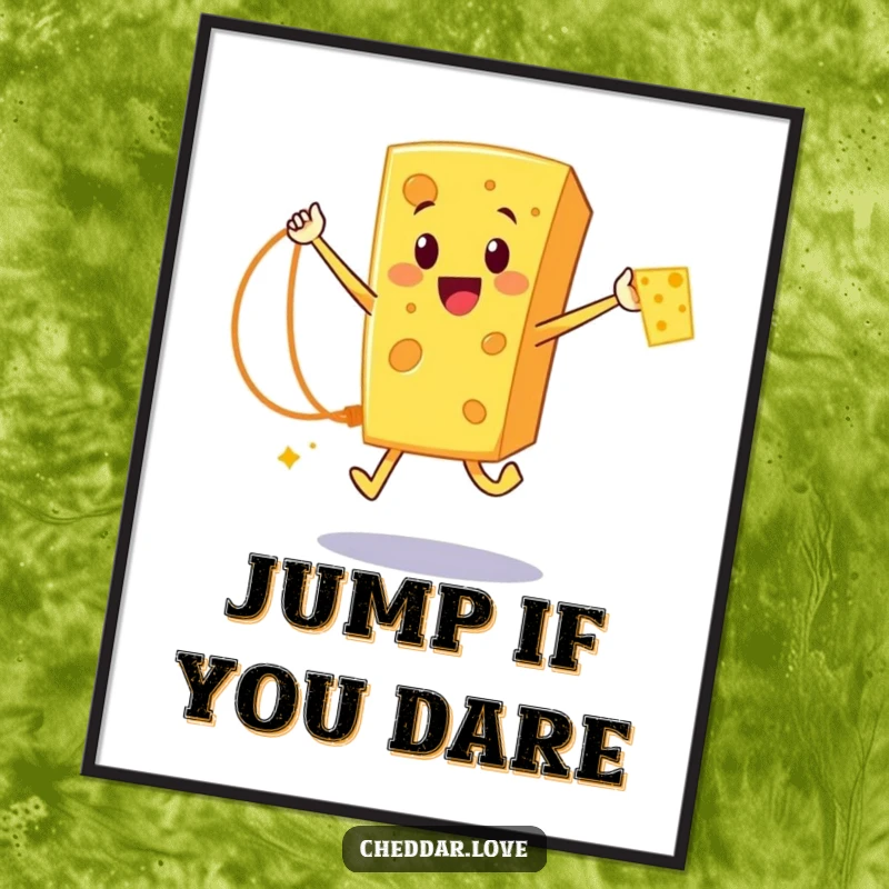 Funny Cheddar Cheese Poster: A happy cartoon cheese character mid-rope jump with a cheese strand, radiating fun and energy.