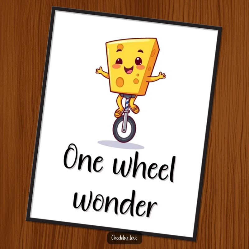 Funny Cheddar Cheese Poster: A grinning cartoon cheese character performing a daring unicycle feat, bringing laughter to your walls.