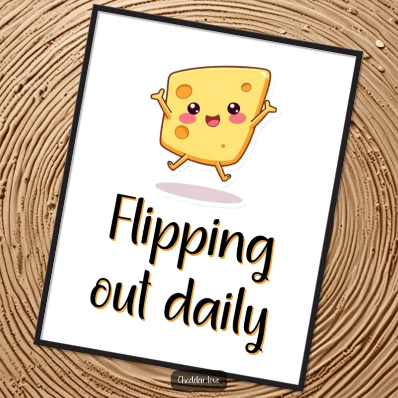 Funny poster showcasing a stylized wedge of cheese doing a cartwheel with visible glee and energetic movement.