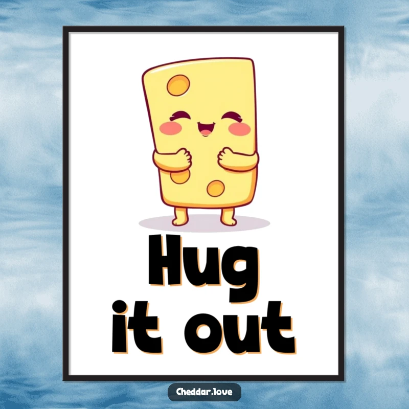Funny Poster: A happy cheese slice beams with joy, offering a big, embracing, cheesy hug, adding cheer to any room.