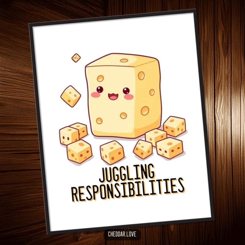 Funny poster of a cheese block masterfully juggling smaller cheese cubes, a fun addition to any decor.