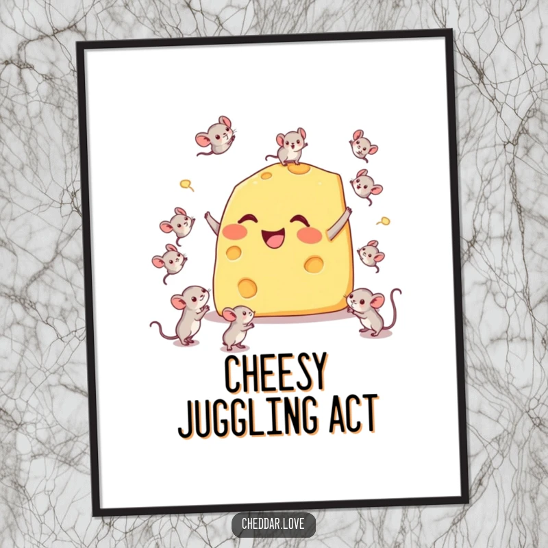 Funny poster of a happy cheese wedge comically juggling tiny mice, depicting a whimsical and humorous scene.