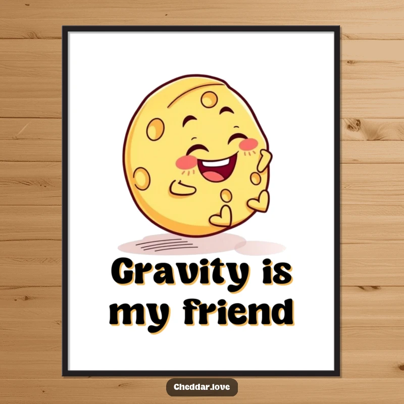 Funny poster illustration of a cheese wheel with a mischievous grin, joyfully rolling down a grassy hill.