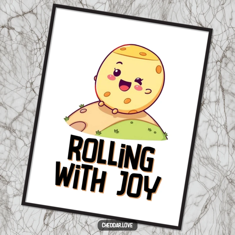 Funny cheese wheel poster depicting a joyful rolling expression, adding a humorous and whimsical touch to wall decor.