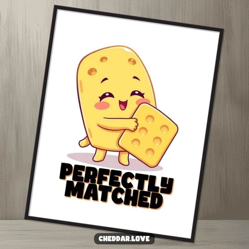 Funny Poster showing a cheese character giving a big, loving hug to a cracker, creating a heartwarming scene.