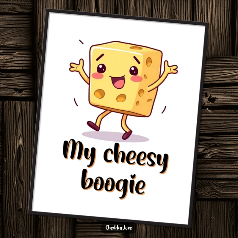 Funny dancing cheese poster, a block of cheese mid-shimmy, exaggerated moves, bringing a lively party atmosphere.