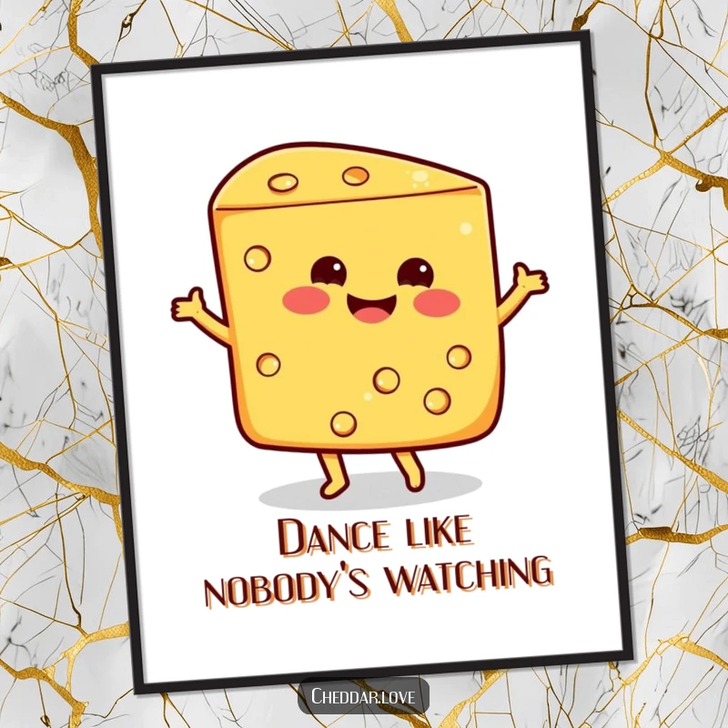 Funny smiling wedge of cheddar cheese doing a happy dance, a humorous and vibrant wall art piece.
