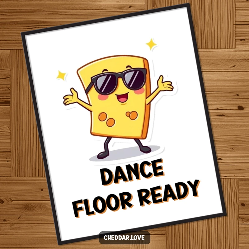 Funny poster of a slice of cheese wearing sunglasses and striking a disco dance pose, bringing retro vibes.