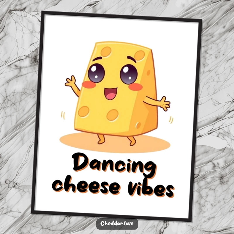 Funny Cheddar Cheese Poster, a googly-eyed wedge enthusiastically dancing a jig, bringing joy to any wall.