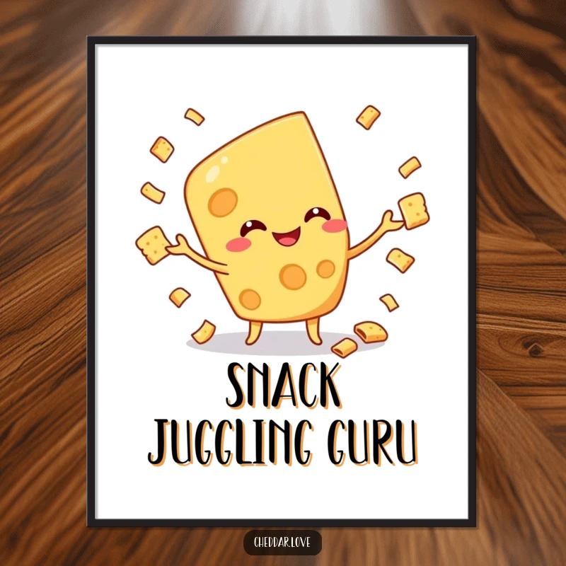 Funny poster art of a smiling cheese character performing a cracker juggling act, adding a whimsical and entertaining touch to decor.