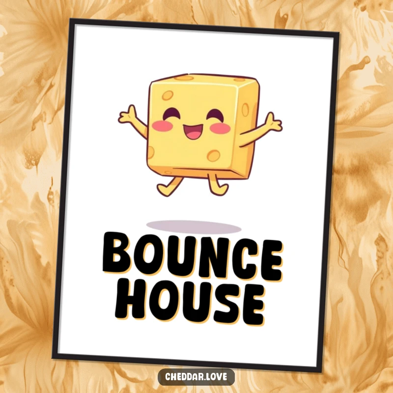 Funny happy cheese cube performing a playful jump, a vibrant and funny poster for decor.