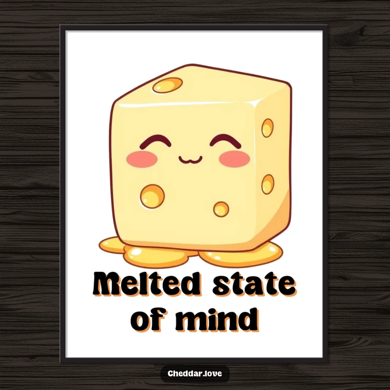 Funny block of cheese with eyes closed, happily melting, on a humorous cheese poster for wall decor.