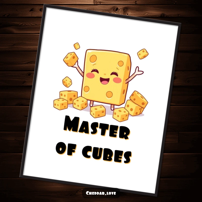 Funny Cheddar Cheese Poster, a smiling block gleefully juggling smaller cheese cubes, a feast for the eyes.