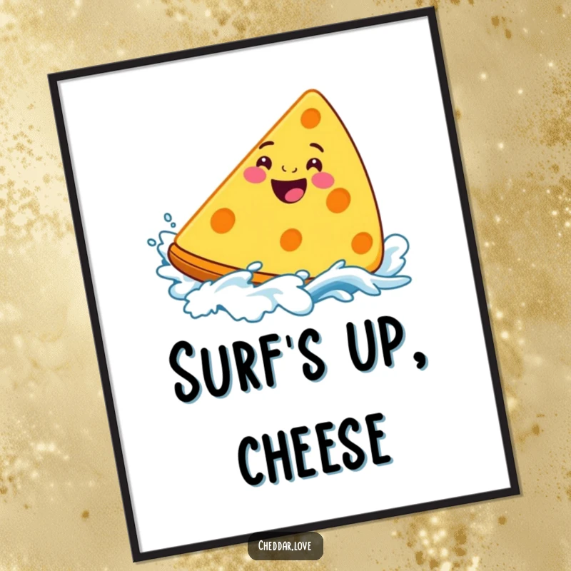 Funny Cheddar Cheese Poster, a grinning wedge mastering a cheesy wave, art that brings the stoke.