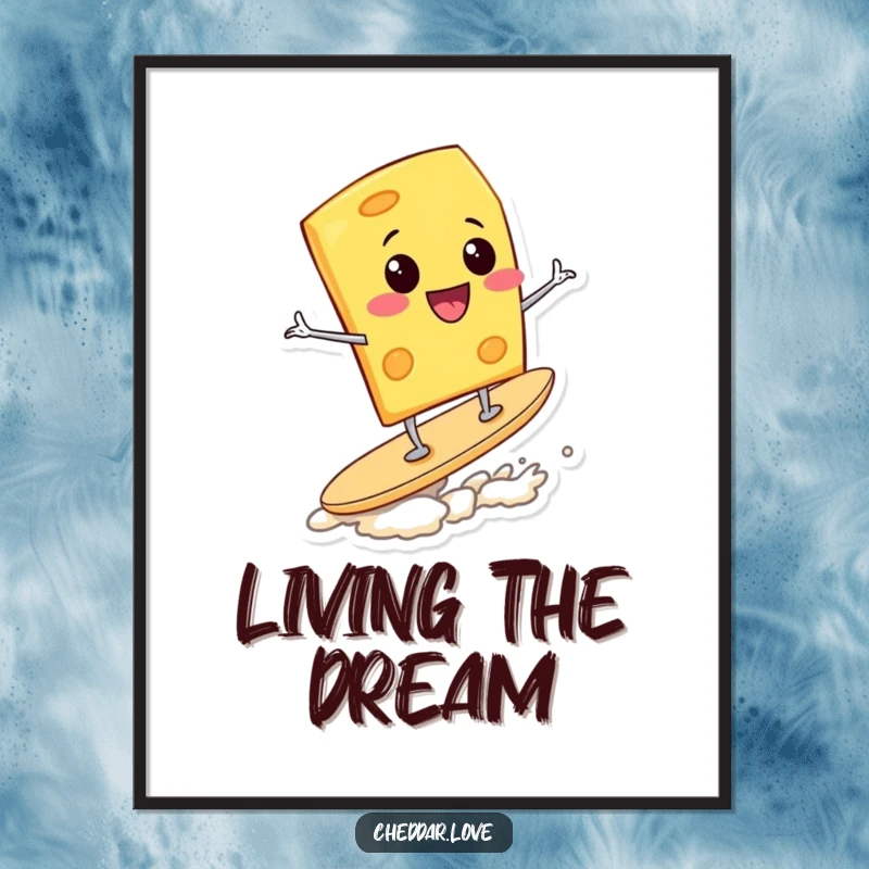 Funny Poster: A smiling cheese wedge is captured in mid-surf on a potato chip, radiating excitement and fun.