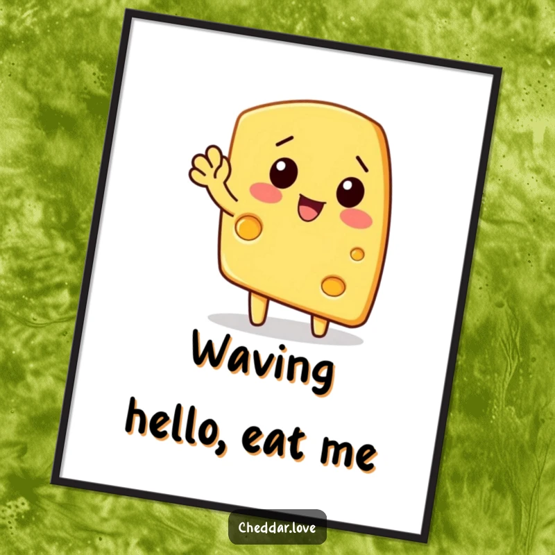 Funny poster: A wedge of cheese waves enthusiastically, a funny and cheerful food illustration for walls.