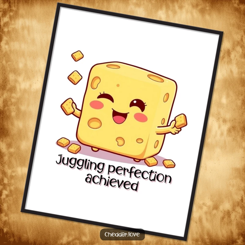 Funny poster illustration of a winking cheese cube expertly juggling small crackers with a playful, confident demeanor.