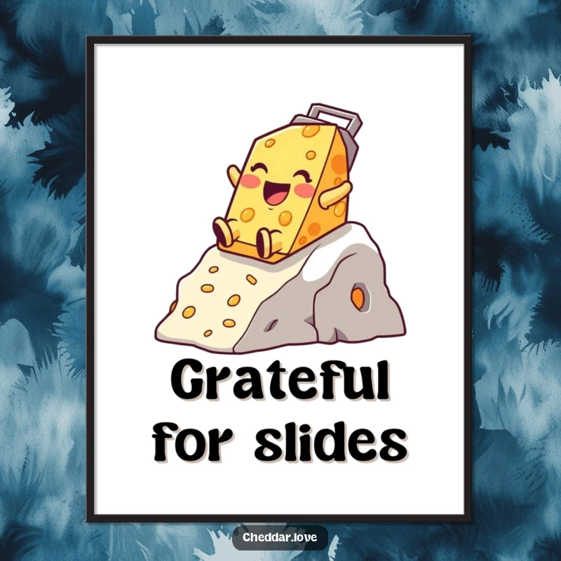 Funny Cheddar Cheese Poster, a happy character gleefully sliding down a cheese grater mountain, full of excitement.