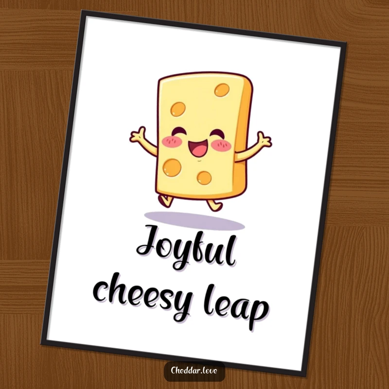 Funny cheerful cheese slice poster, captured mid-hop with excitement, bringing infectious joy and cheesy happiness.