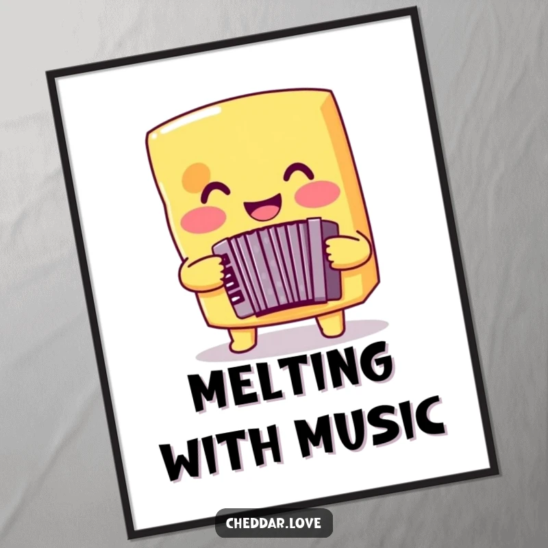Funny cheese poster depicting a smiling cheddar cheese playing an accordion, delightful musical wall art.