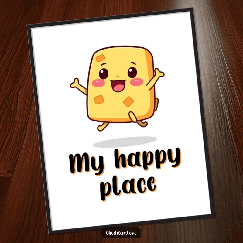 Funny Poster showcasing a piece of cheese with legs joyfully and enthusiastically jumping, creating a comical scene.