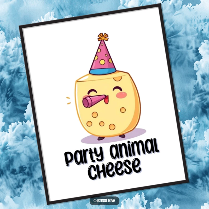 Funny poster of a cheese wheel wearing a party hat and blowing a noisemaker, exuding festive joy. An ideal funny gift.