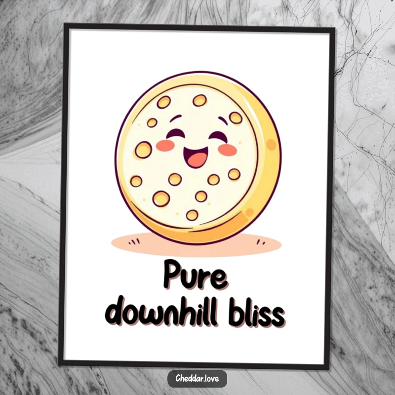 Funny happy cheese wheel rolling downhill with pure delight and joy, humorous wall art for food lovers.