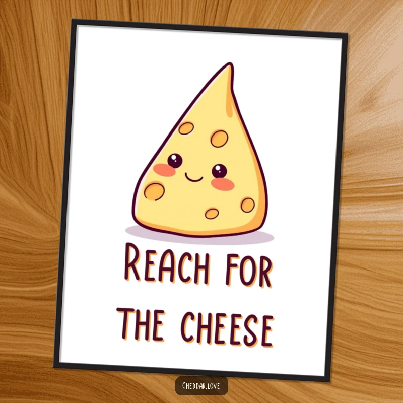 Funny smiling cheese wedge poster, pointing dramatically upwards, a motivational piece bringing cheesy inspiration to any room.