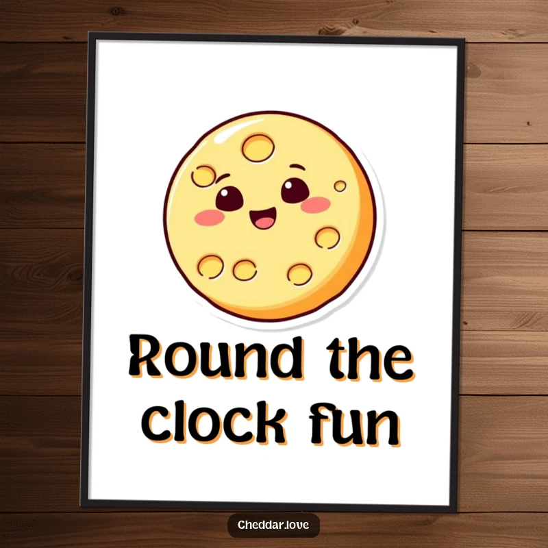 Funny cheese poster featuring a circular cheese character gleefully bouncing like a ball, adding a dose of cartoonish cheer.