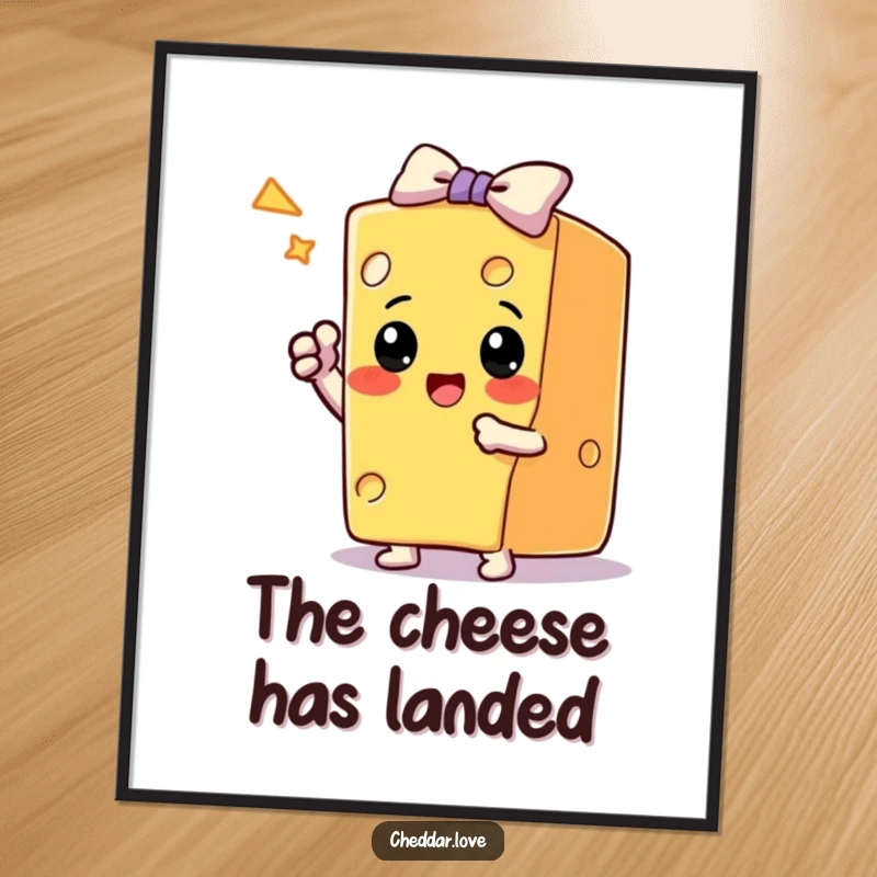 Funny Poster: A proud block of cheese takes a bow after a trick, celebrating success with a theatrical flourish.