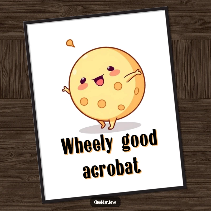 Funny poster: A round of cheese does a cartwheel with energetic motion, a funny and lively food illustration.