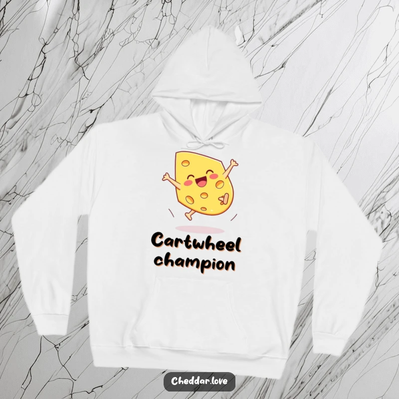 Funny Cheddar Cheese Hoodie, a piece doing a joyful cartwheel, offering warmth and playful vibes.