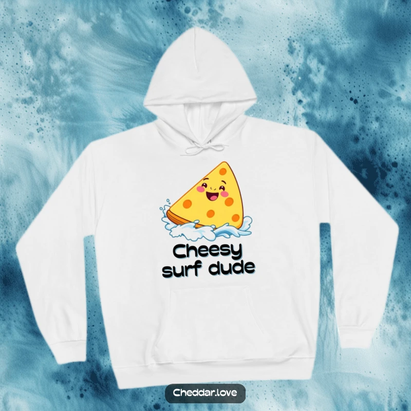 Funny Cheddar Cheese Hoodie, a grinning wedge surfing a cheese wave, offering warmth and a splash of fun.