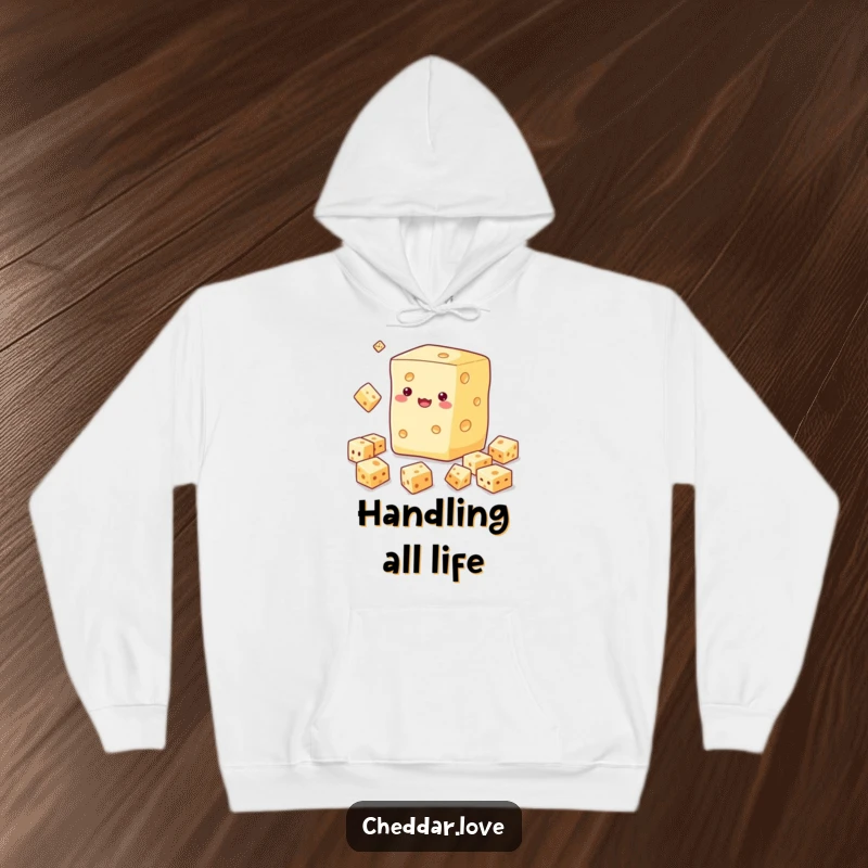 Funny hoodie featuring a block of cheese juggling smaller cheese cubes, designed for cozy comfort and humor.